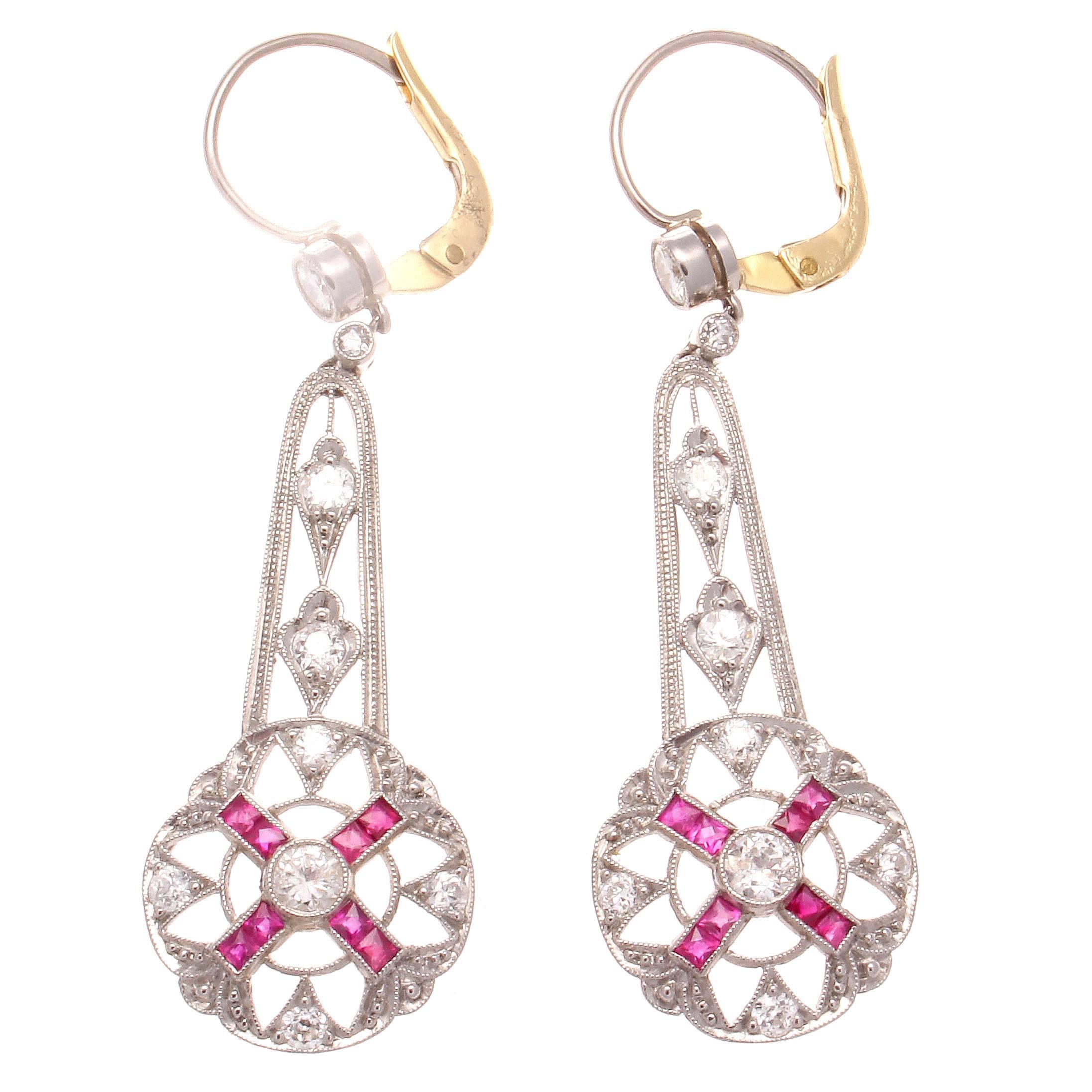 Ruby Diamond Platinum Drop Earrings