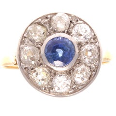 French 19th Century Sapphire Diamond Platinum Gold Cluster Ring