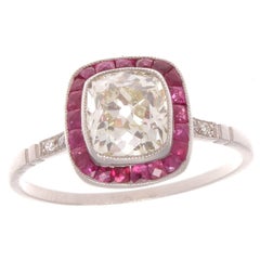 1.27 Carat Old Cushion Cut Diamond Ruby Platinum Ring