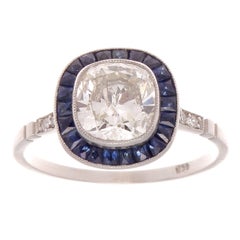 Vintage 1.34 Carat Cushion Cut Diamond Sapphire Platinum Ring