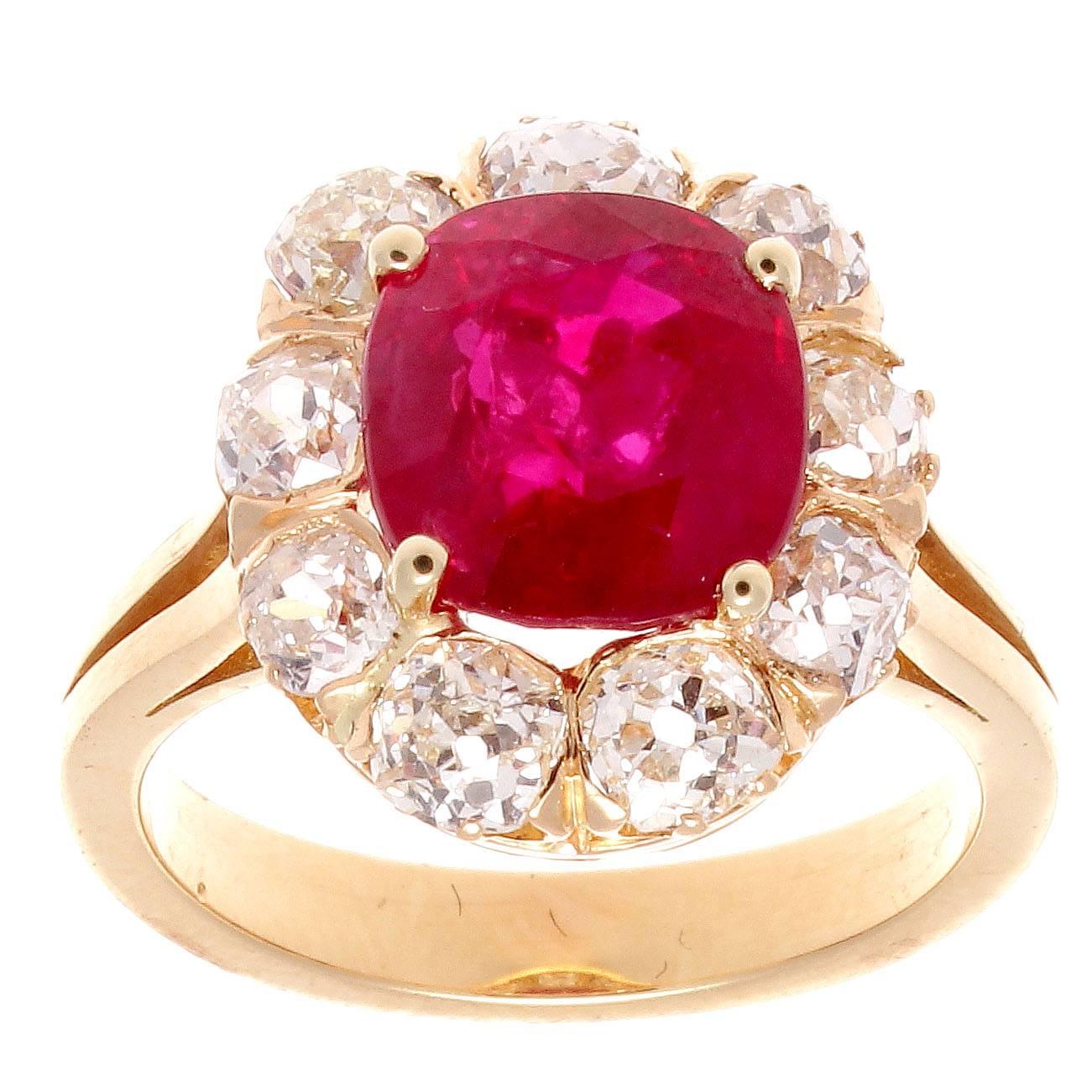 Victorian 3.71 Carat Burma No Heat Ruby Diamond Gold Ring In Excellent Condition In Beverly Hills, CA