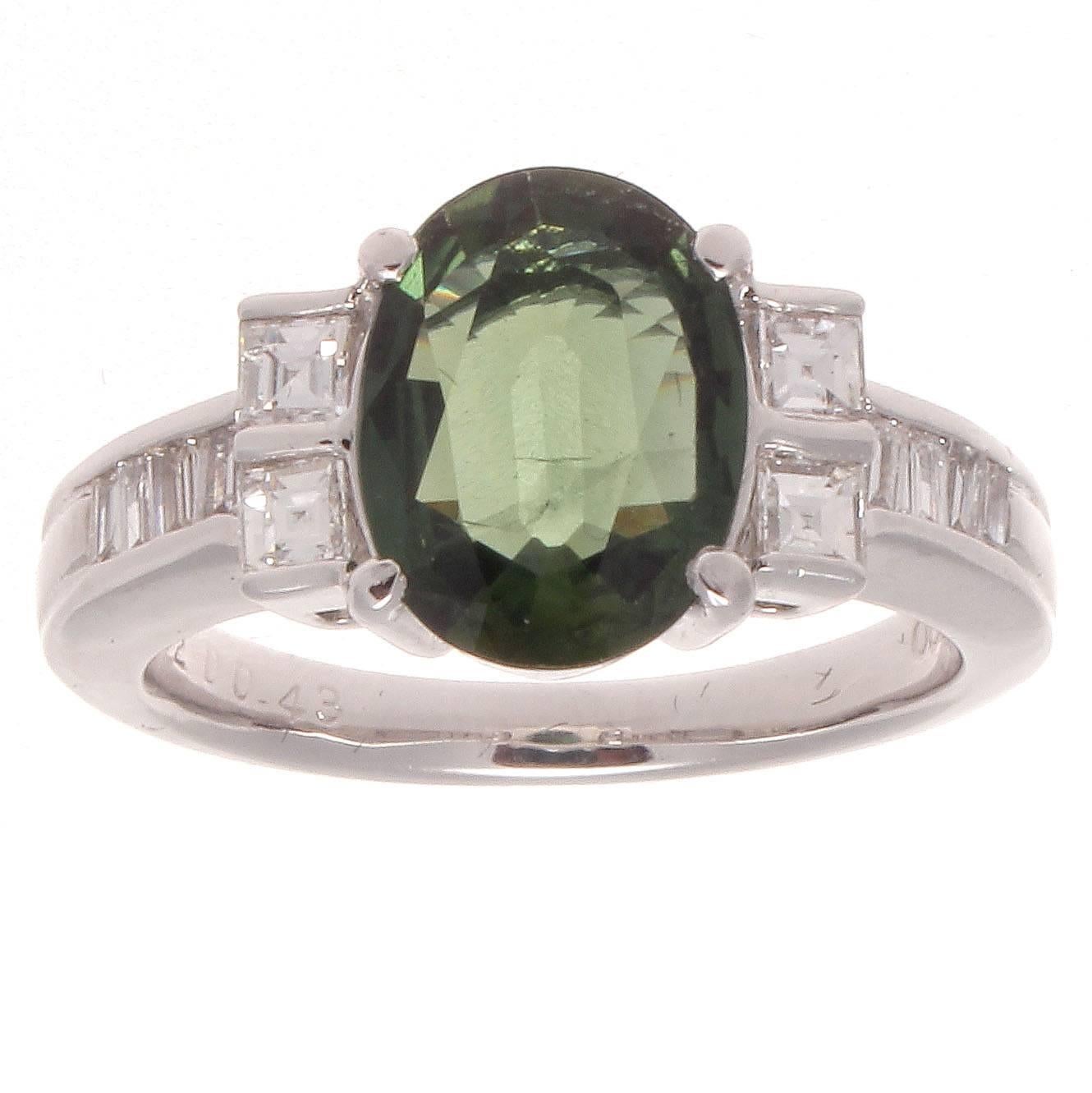 Green Sapphire Diamond Platinum Engagement Ring