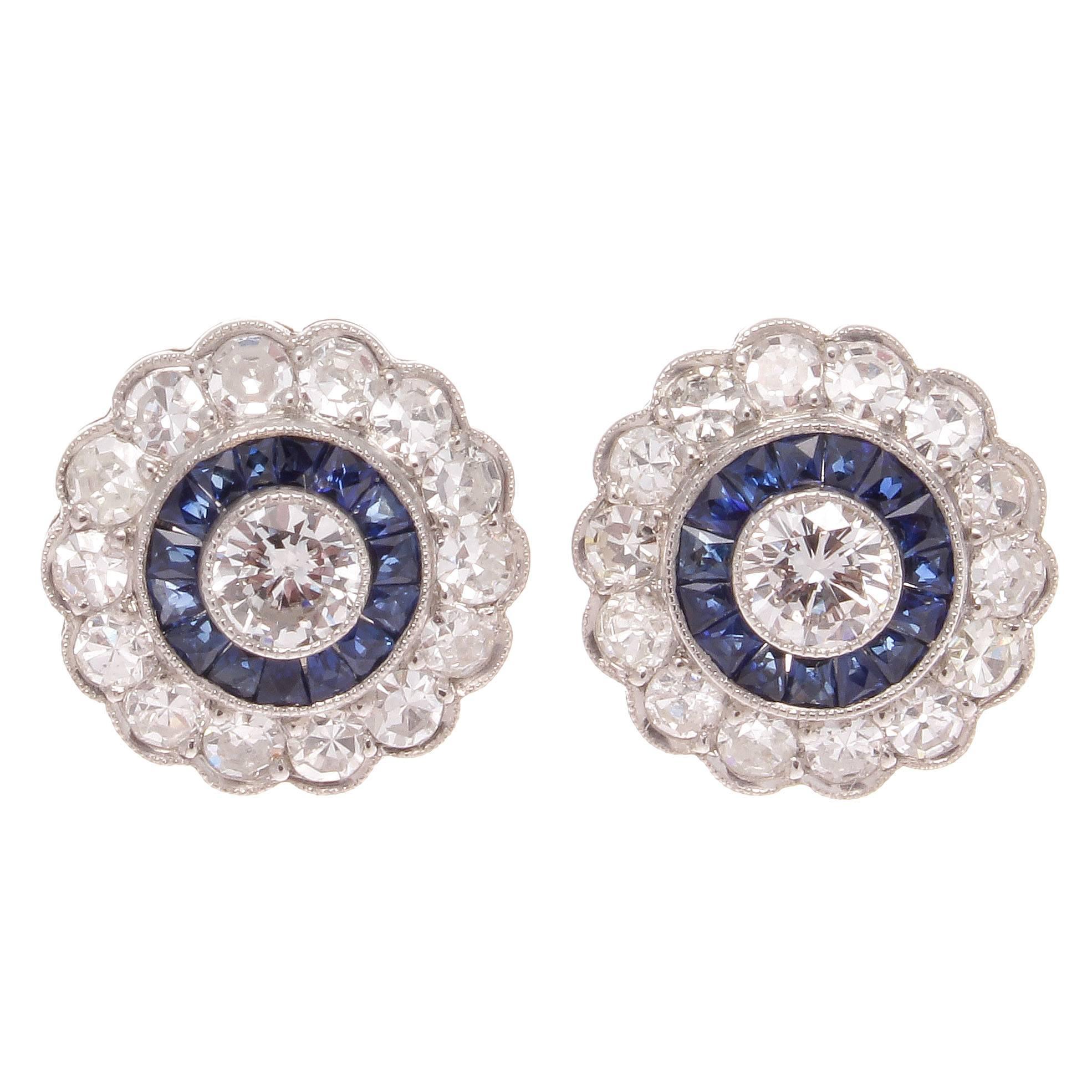 Diamond Sapphire Platinum Cluster Earrings