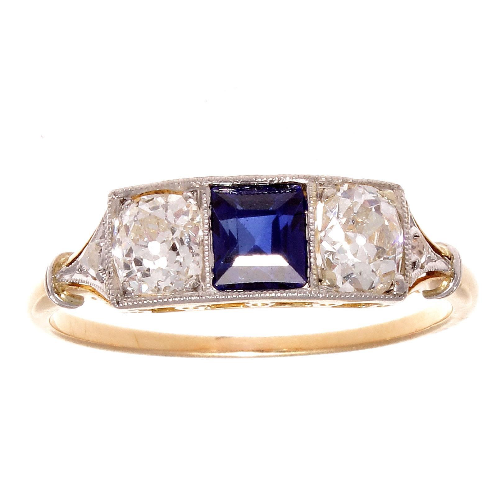 French Art Deco Sapphire Diamond Three-Stone Gold and Platinum Ring