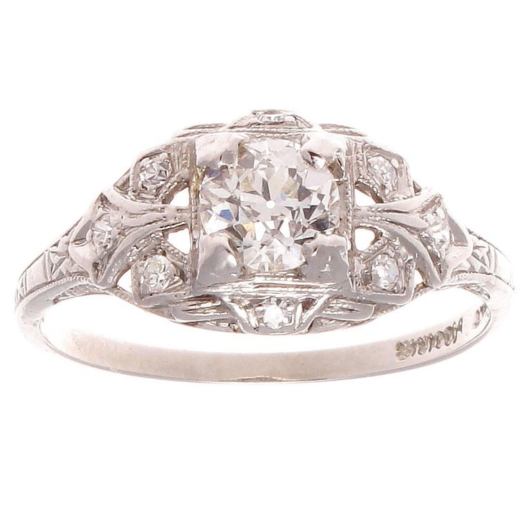 Art Deco Diamond Platinum Engagement Ring For Sale at 1stdibs