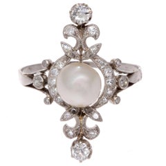 Vintage Victorian Natural Pearl Diamond Platinum Ring