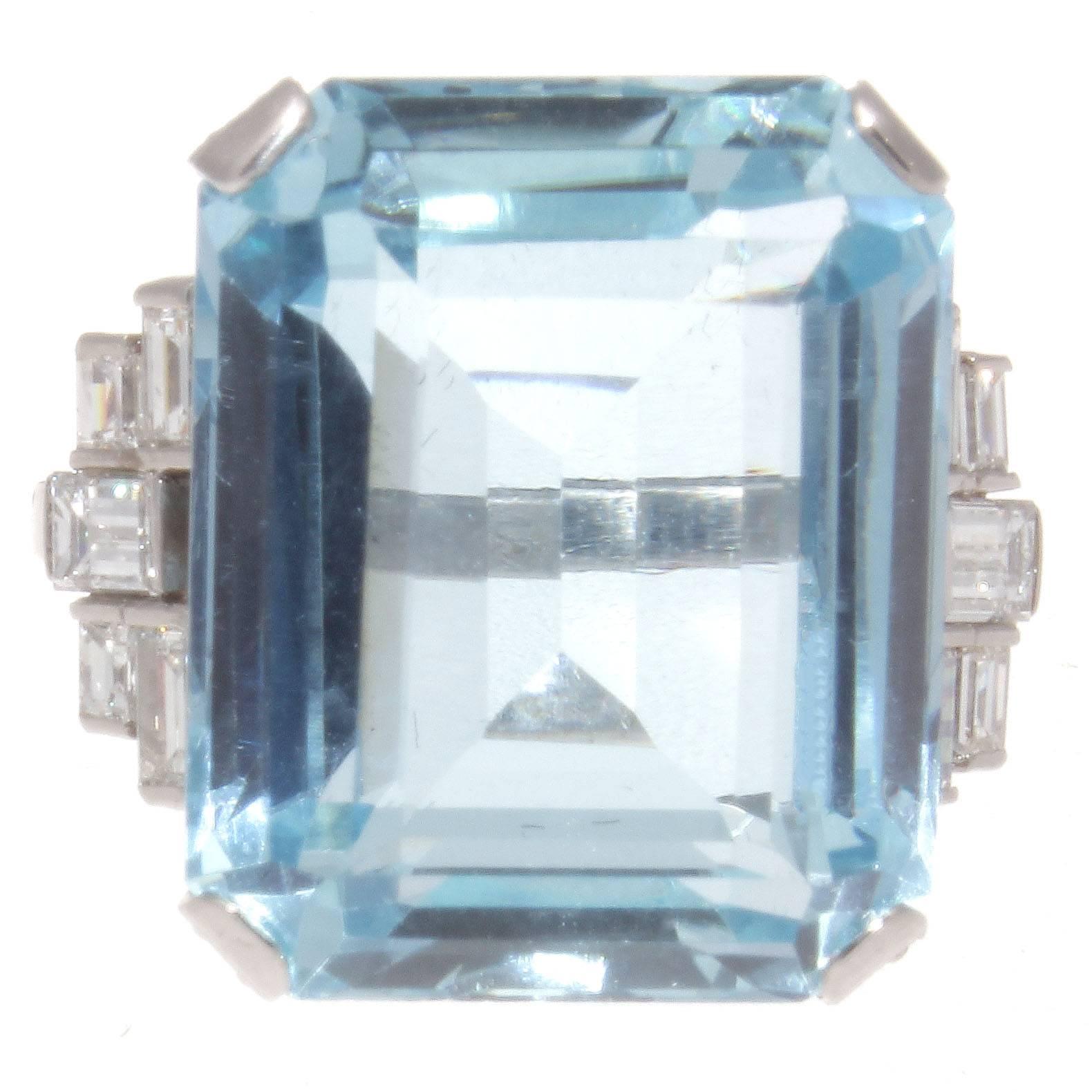 Retro Inspired 20.50 Carat Aquamarine Diamond Platinum Ring