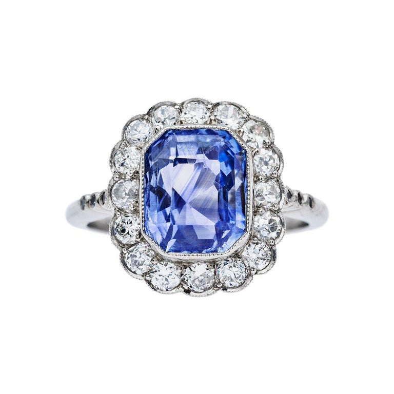 4.32 Carat Cornflower Blue Sapphire Diamond Platinum Ring For Sale at