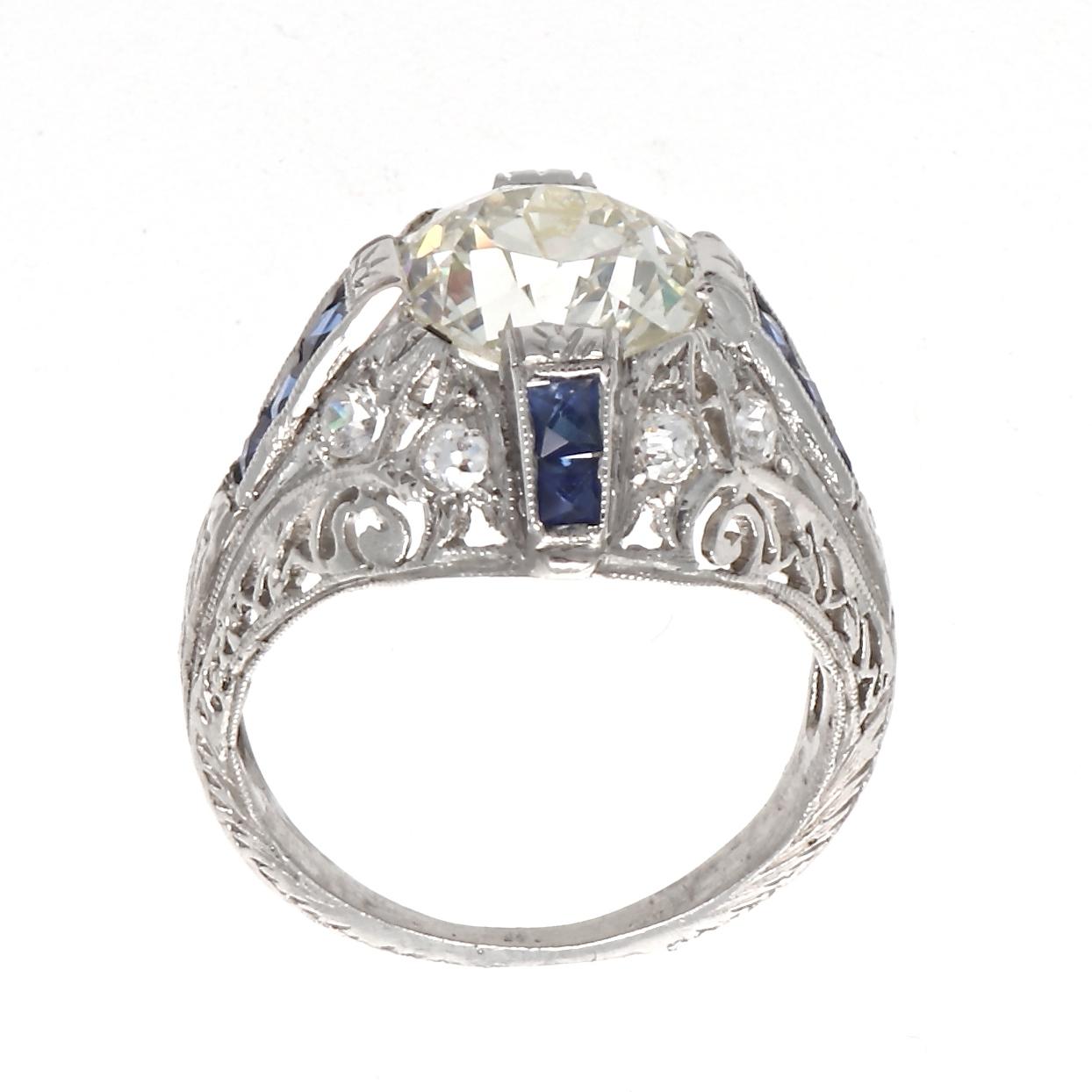 Art Deco 2.34 Carat Old European Cut Diamond Sapphire Platinum Engagement Ring In Excellent Condition In Beverly Hills, CA