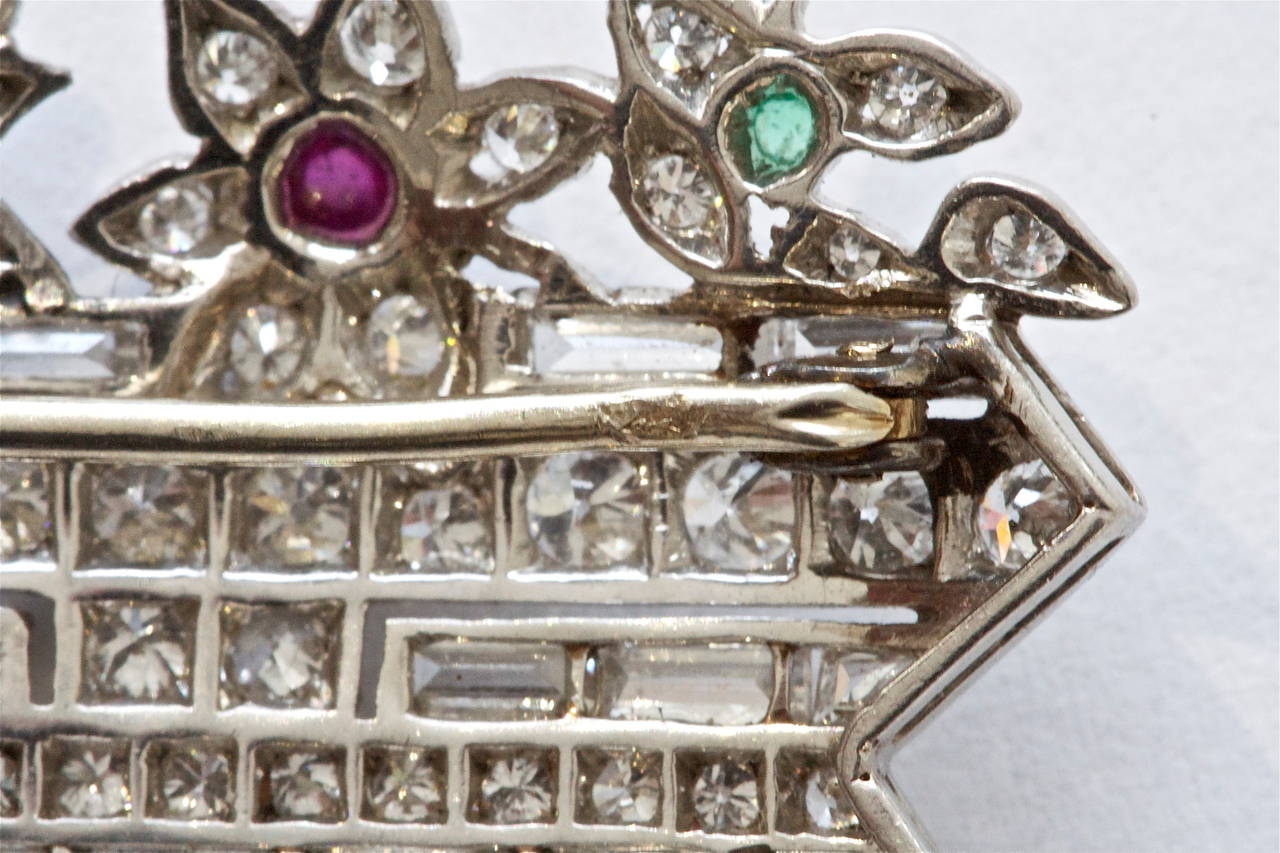 Art Deco French Emerald Ruby Diamond Platinum Brooch