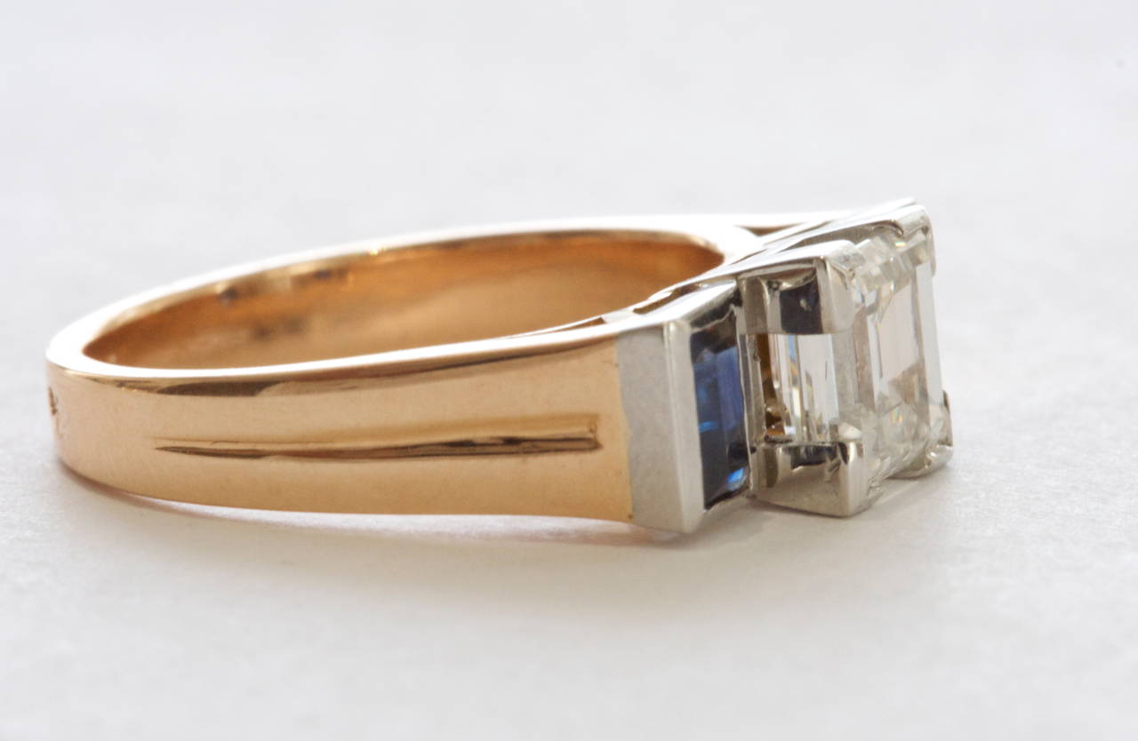 Art Deco GIA Cert Emerald Cut Diamond Sapphire Engagement Ring