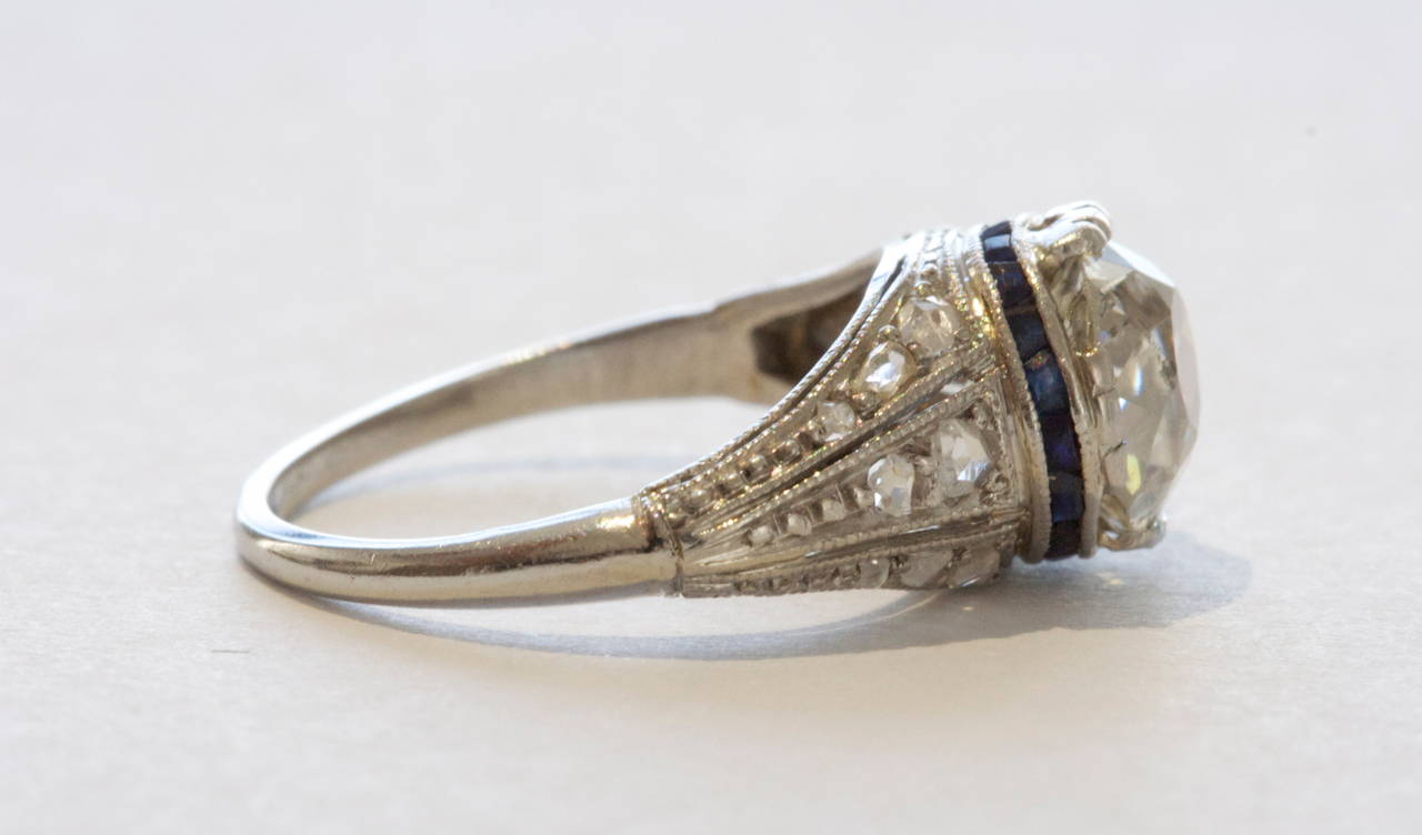 Art Deco 1.84 Carat Old European Cut Diamond Sapphire Platinum Engagement Ring