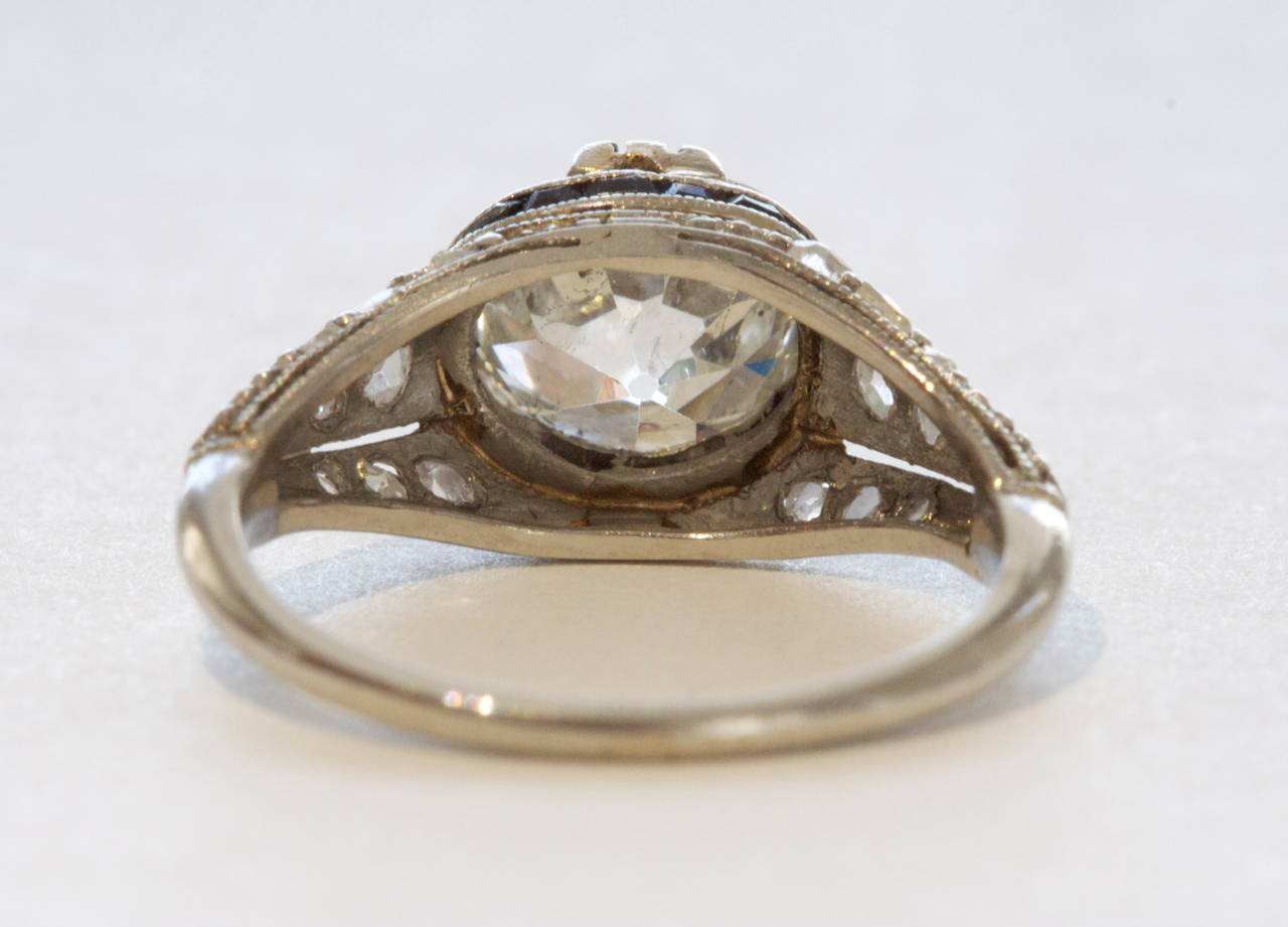 Women's 1.84 Carat Old European Cut Diamond Sapphire Platinum Engagement Ring