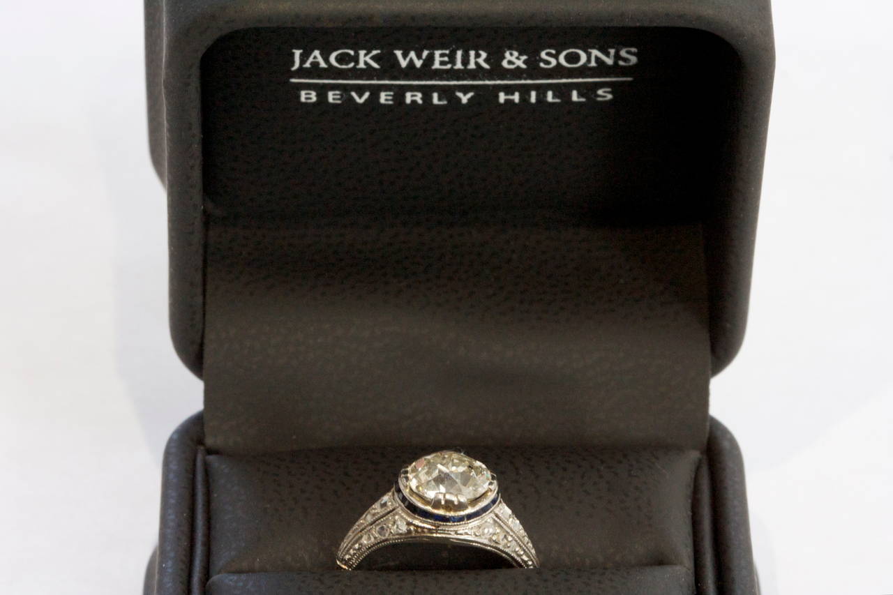 1.84 Carat Old European Cut Diamond Sapphire Platinum Engagement Ring 1