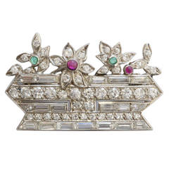 Vintage French Emerald Ruby Diamond Platinum Brooch