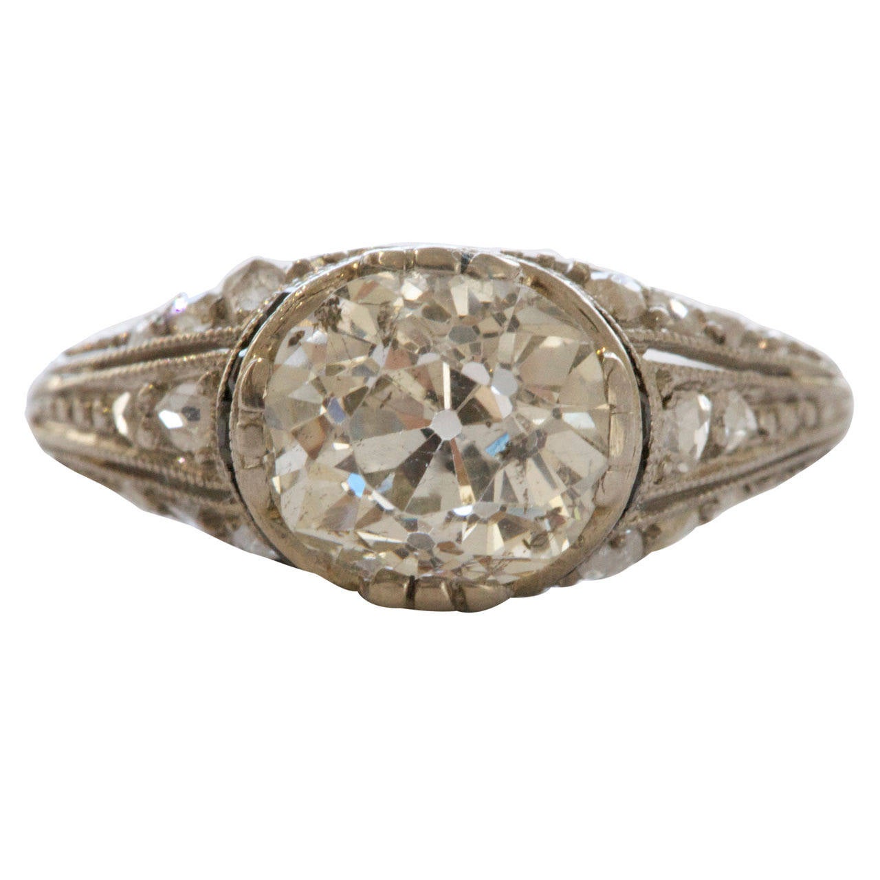 1.84 Carat Old European Cut Diamond Sapphire Platinum Engagement Ring