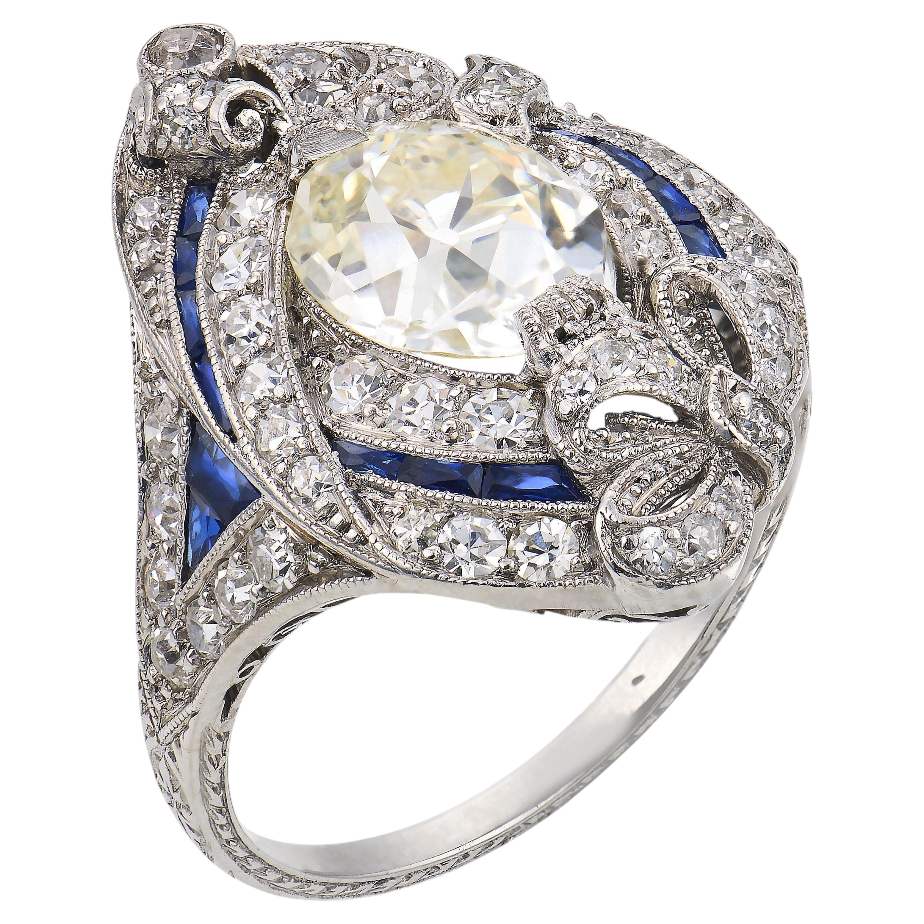 Art Deco GIA 1.44 carat diamond sapphire platinum engagement ring