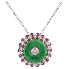 Mid Century diamond ruby jade 18k white gold necklace