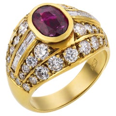 Vintage GIA 1.12 carat no heat ruby diamond 18k yellow gold bombe ring