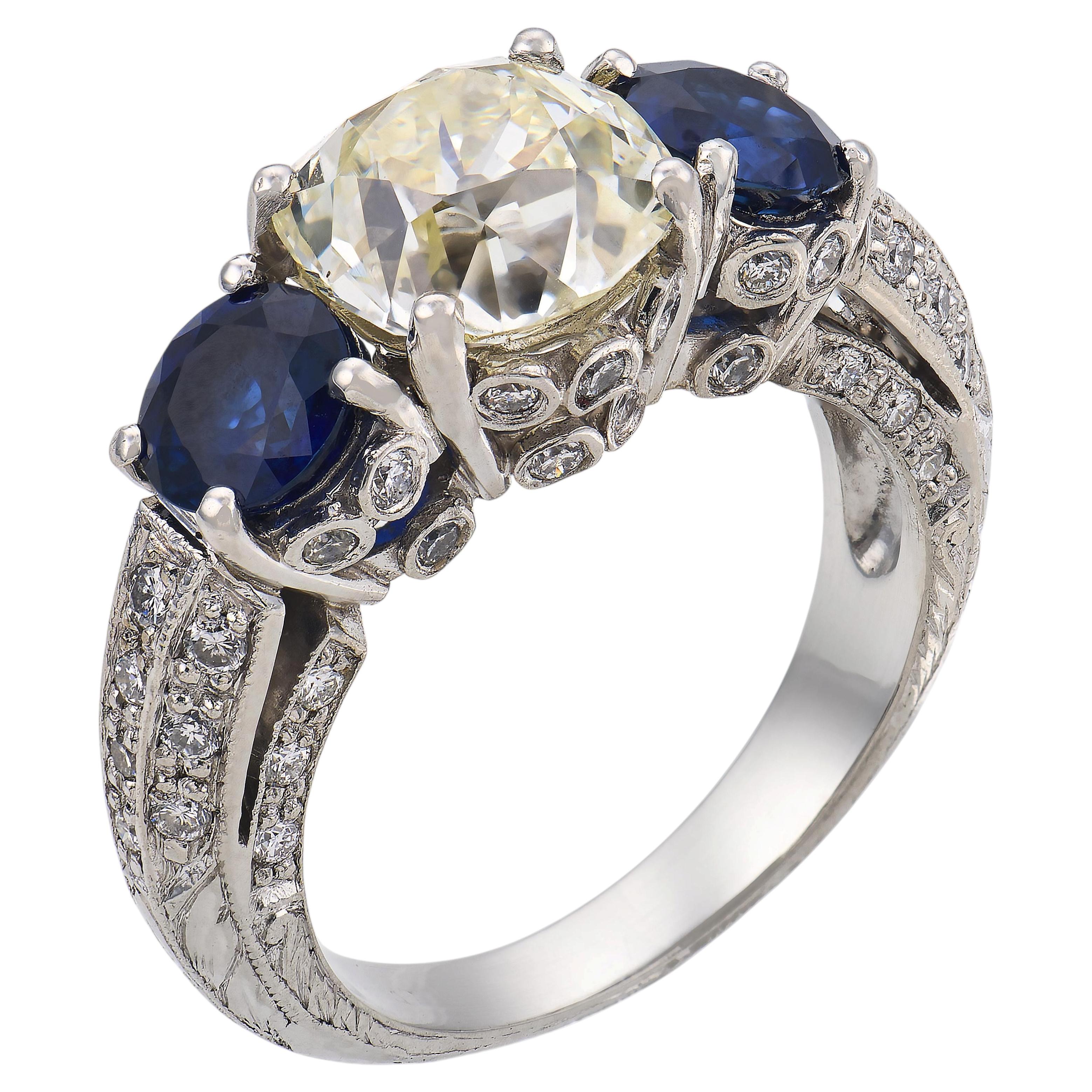 Vintage GIA 1.99 carat old mine cut diamond sapphire platinum ring
