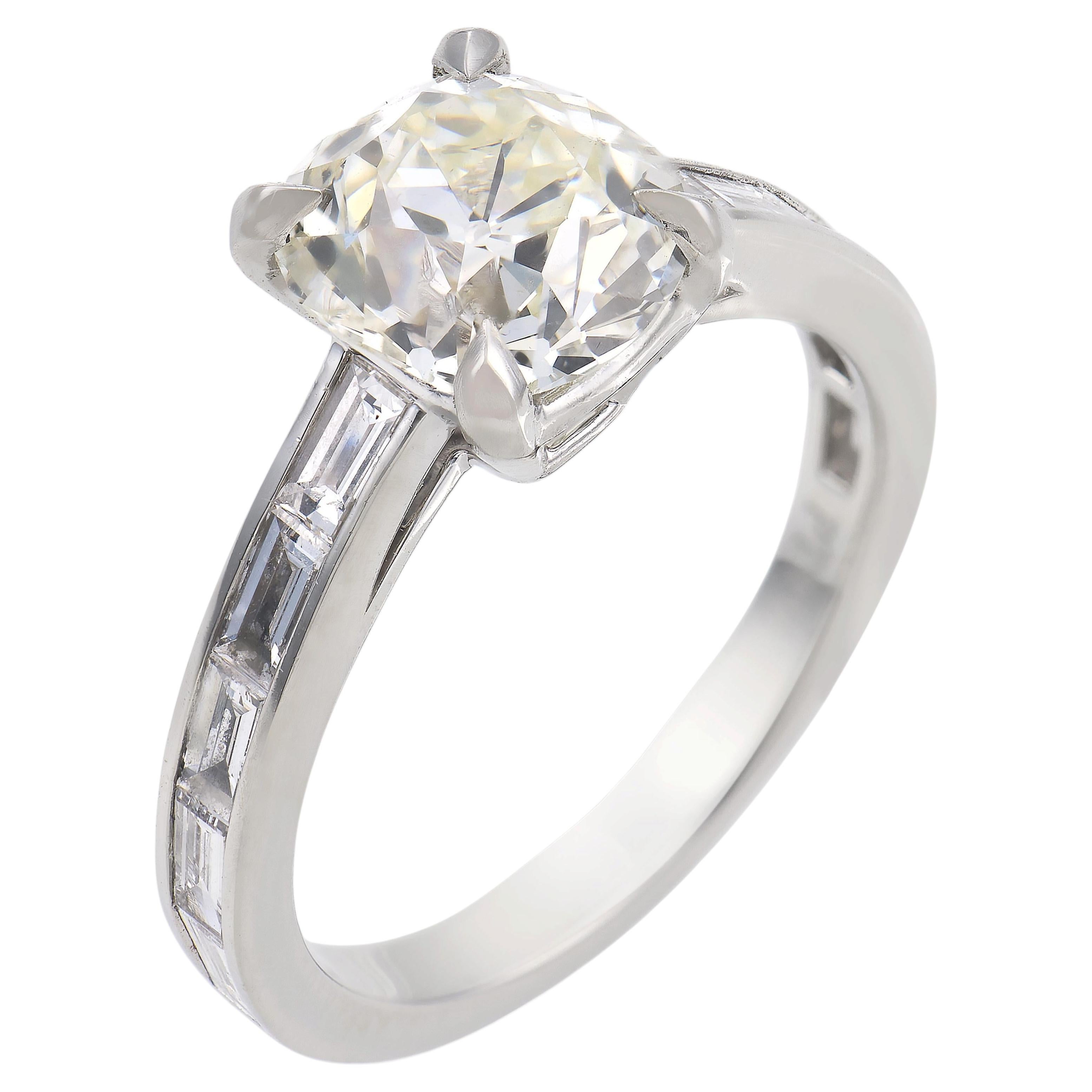 Mid Century GIA 1.81 carat old mine cut diamond platinum engagement ring