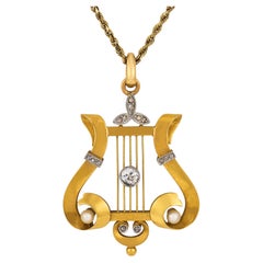 Victorian diamond pearl 18k yellow gold lyre necklace