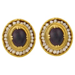 Vintage garnet seed pearl 14k yellow gold stud earrings