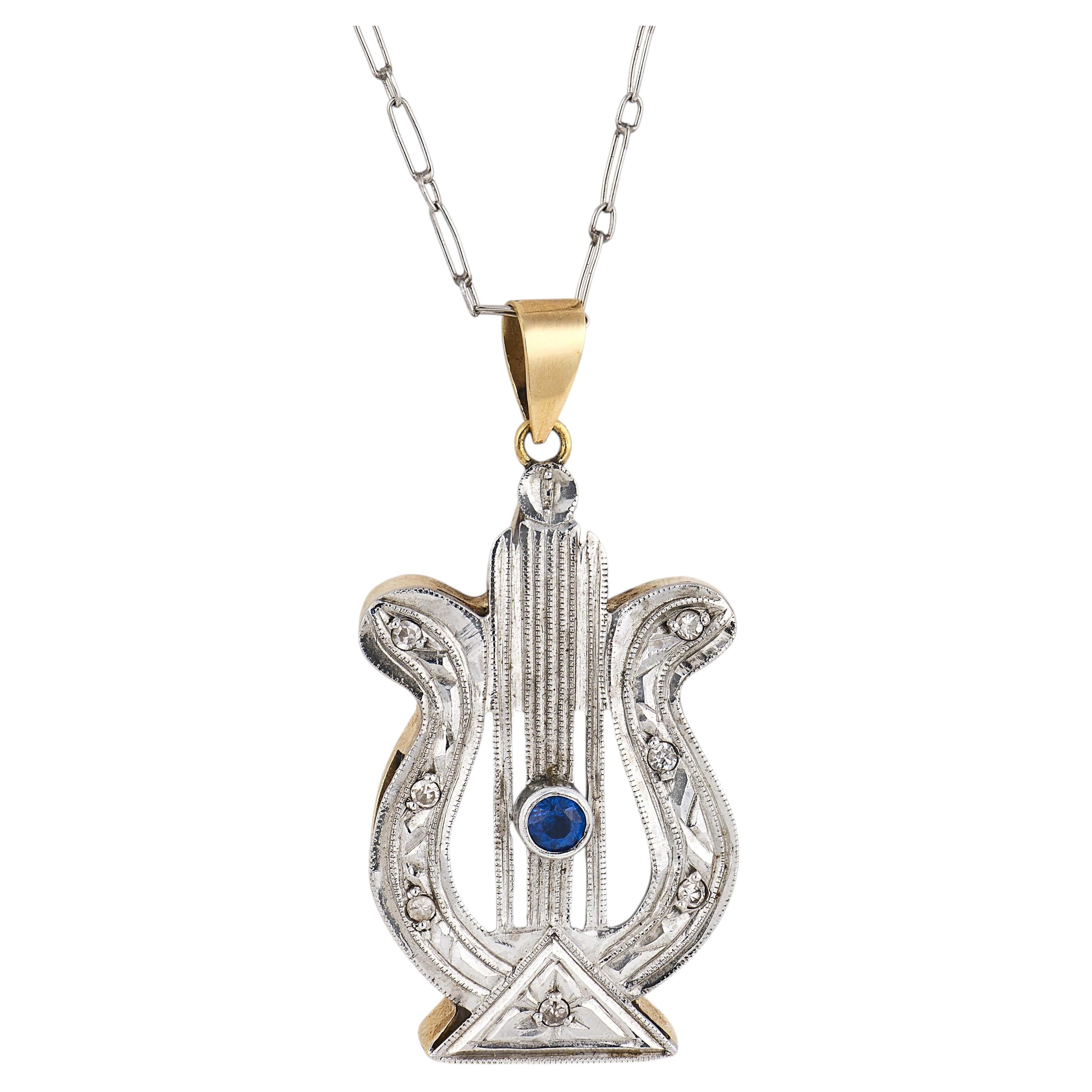 Edwardian sapphire diamond 9k yellow gold and platinum lyre necklace For Sale