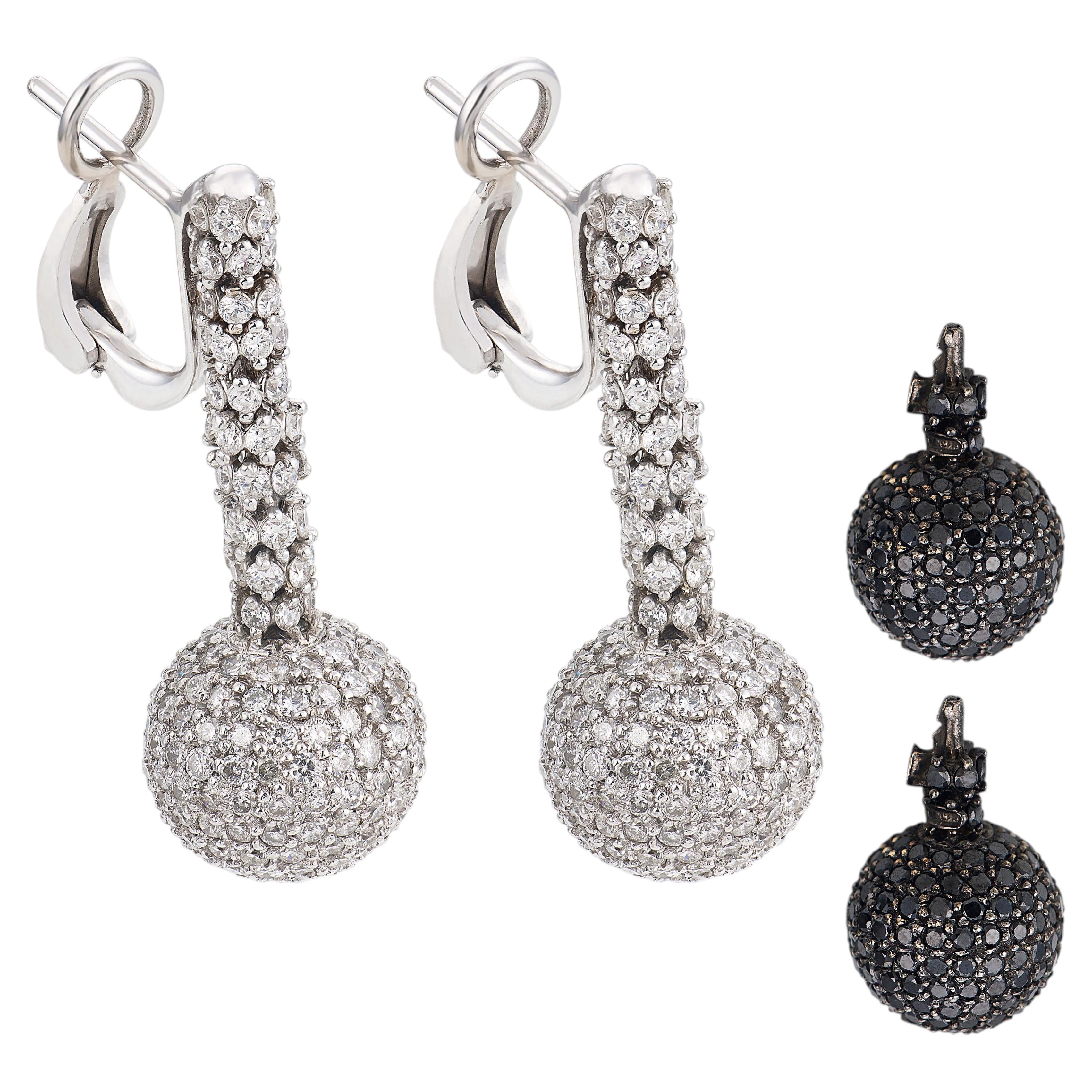 Italian pavé black and white diamond 18k white gold interchangeable earrings For Sale