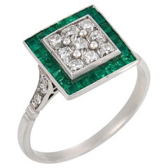 Art Deco style diamond emerald platinum ring