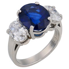 Mid Century GIA 4.30 carat Ceylon sapphire diamond platinum three stone ring