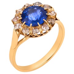 Victorian GIA 2.62 carat Ceylon sapphire diamond 18k yellow gold cluster ring