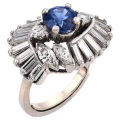 Bague de cocktail en platine et saphir de Ceylan de 1.53 carats GIA du milieu du siècle