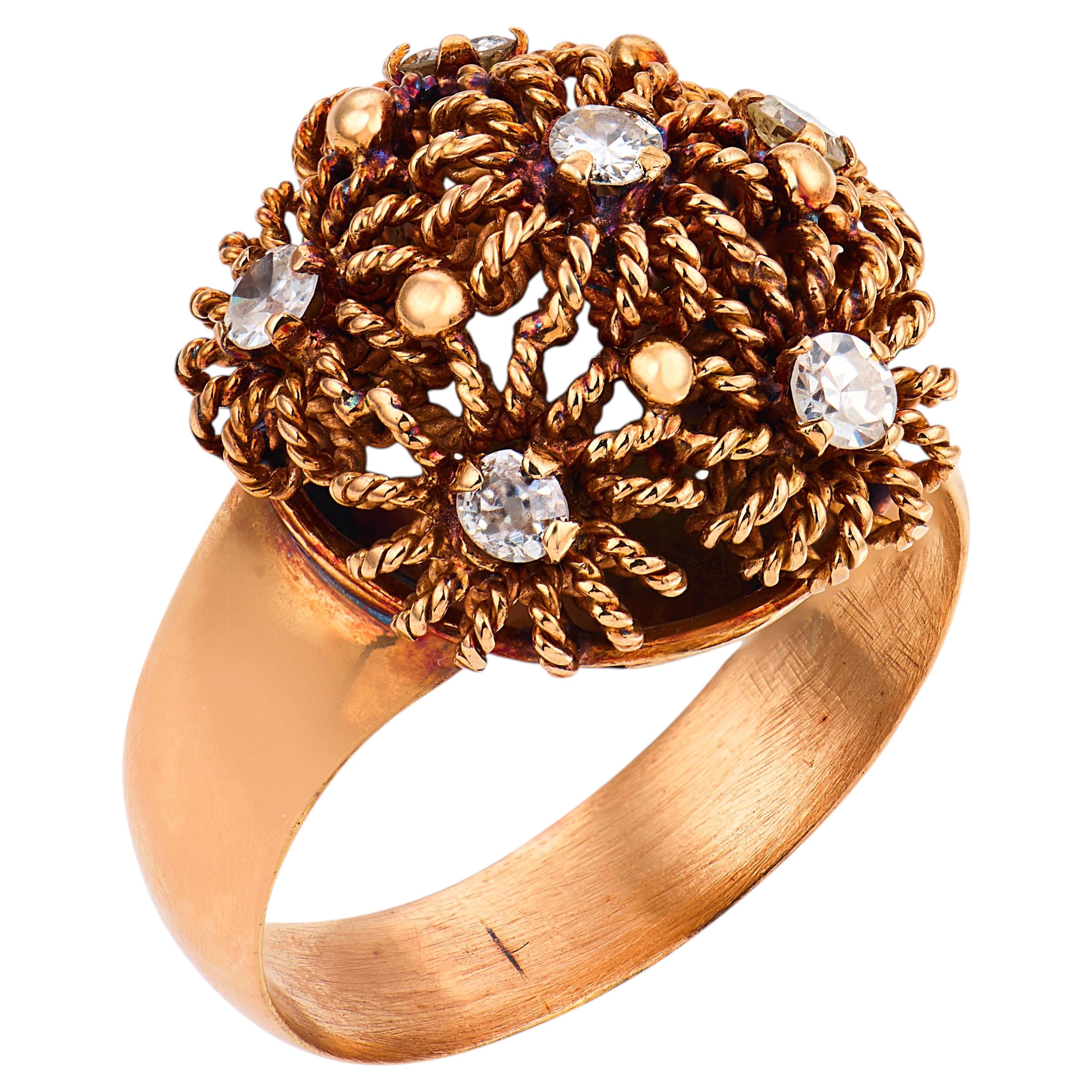 Anello retrò a forma di fiore con diamanti in oro rosa 18 carati
