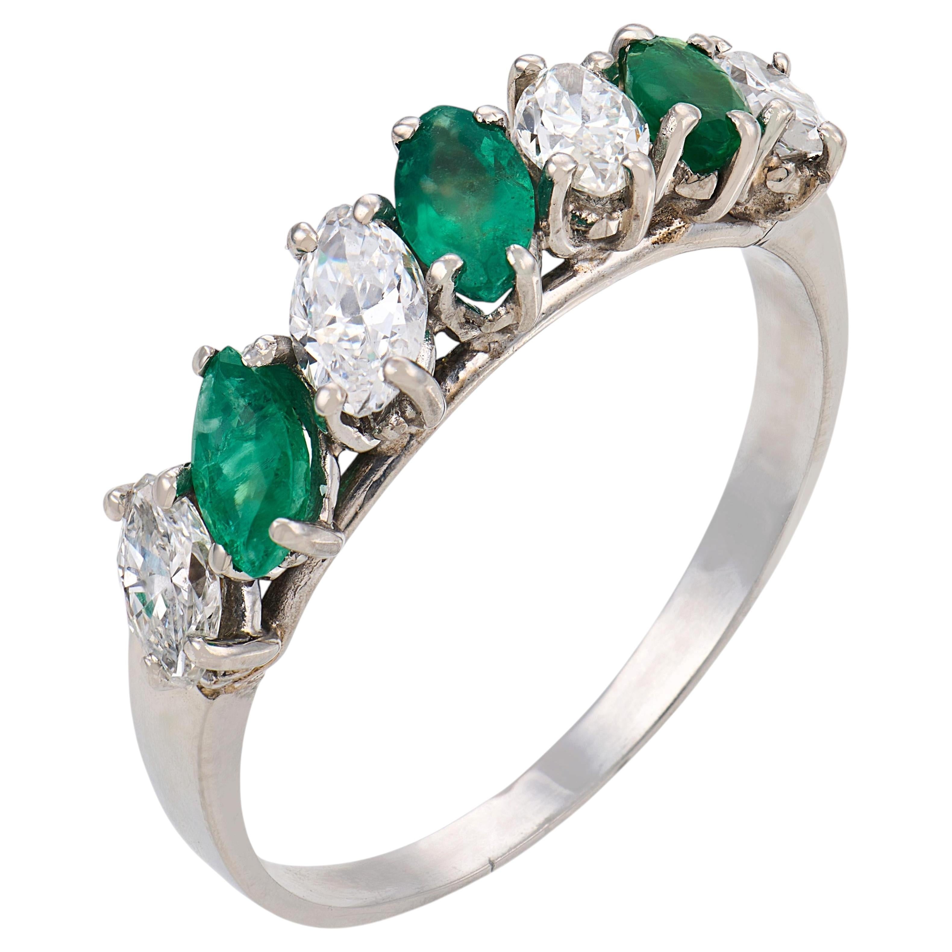 Mid Century 1.40 carat diamond emerald platinum band ring
