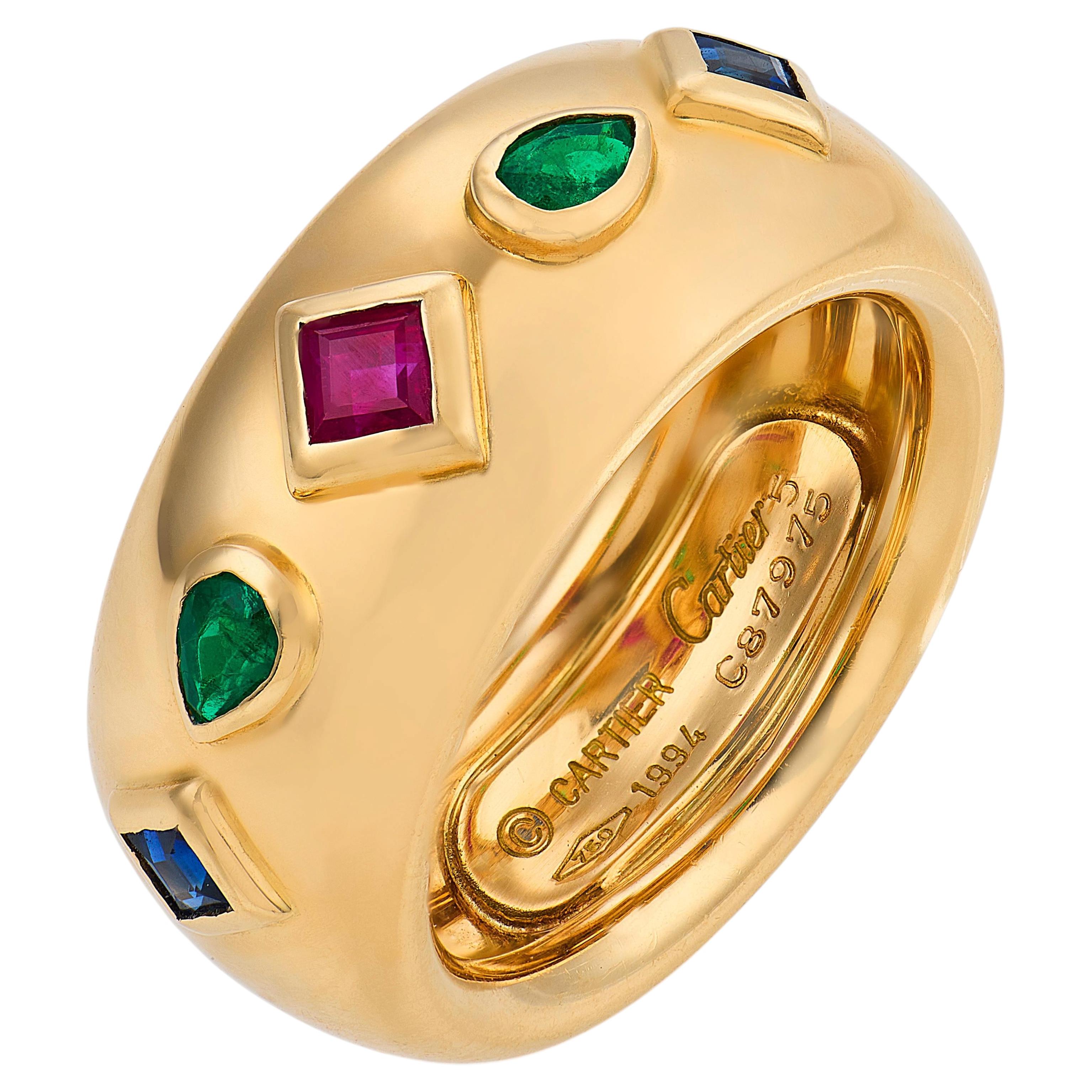 Bague Cartier vintage en or jaune 18 carats, sertie de rubis, d'émeraudes et de saphirs