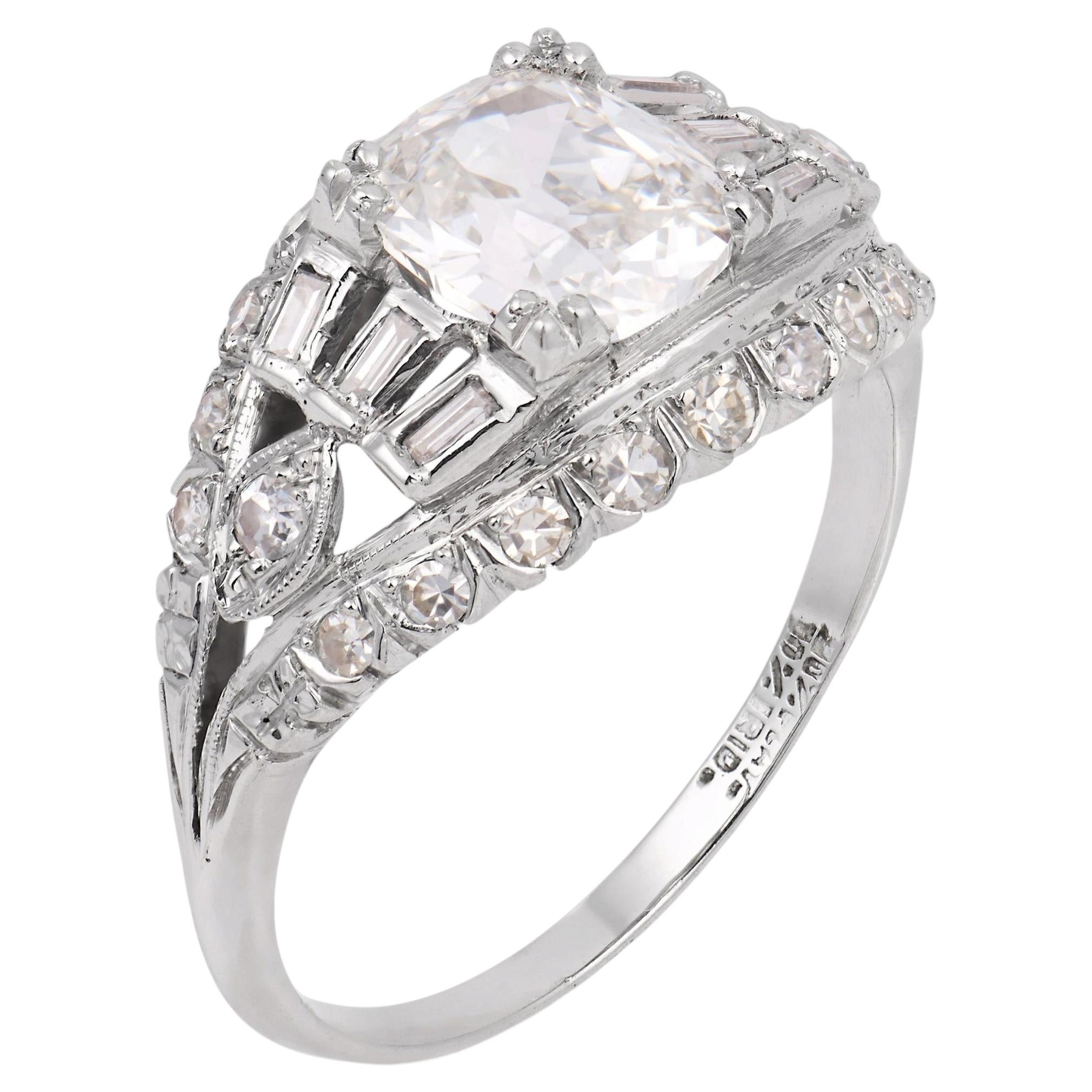 Bague de fiançailles Art déco en platine avec diamant taille ancienne de 1.51 carat, certifié GIA