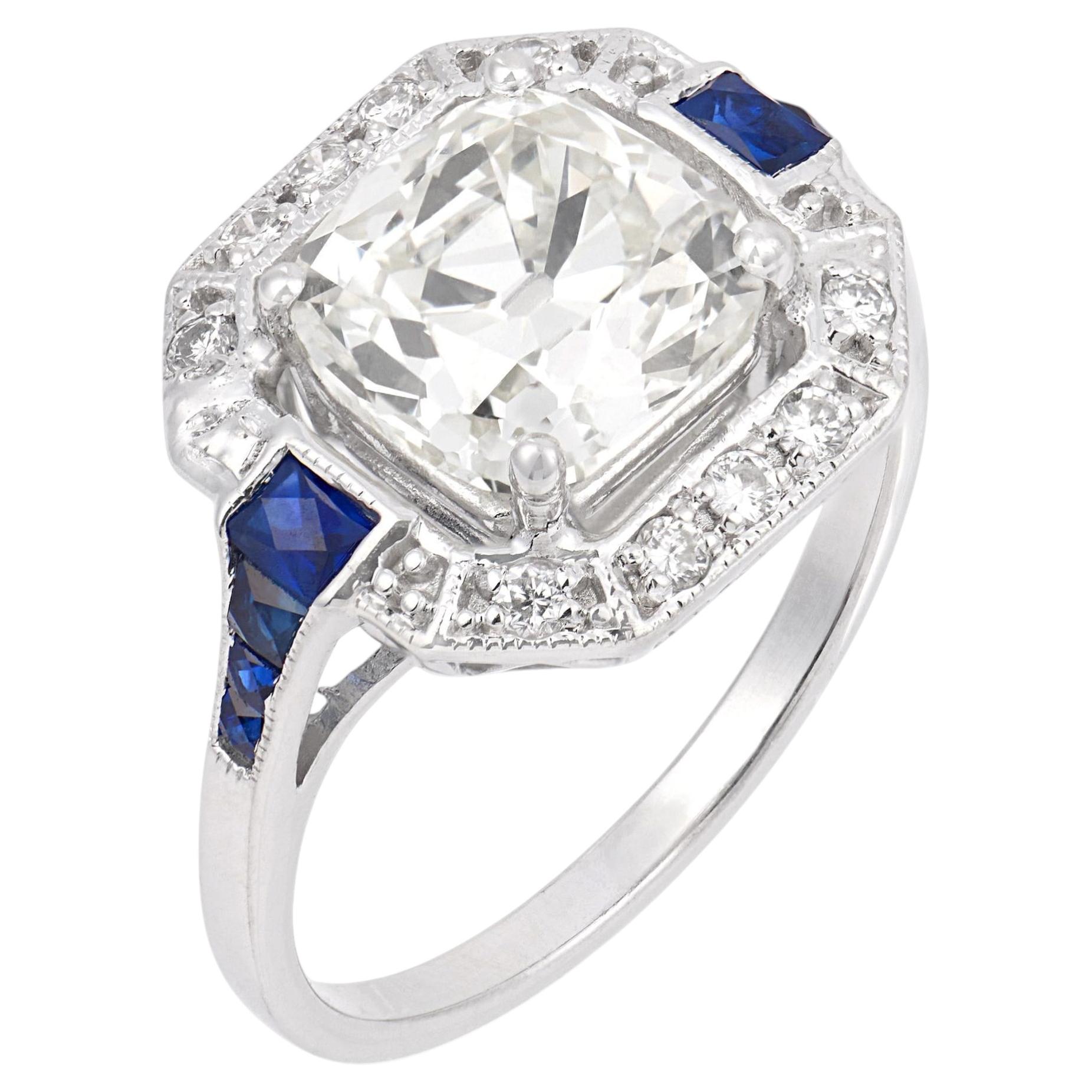 GIA 3.02 carat old mine cut diamond sapphire 18k white gold engagement ring For Sale