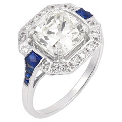 GIA 3.02 carat old mine cut diamond sapphire 18k white gold engagement ring