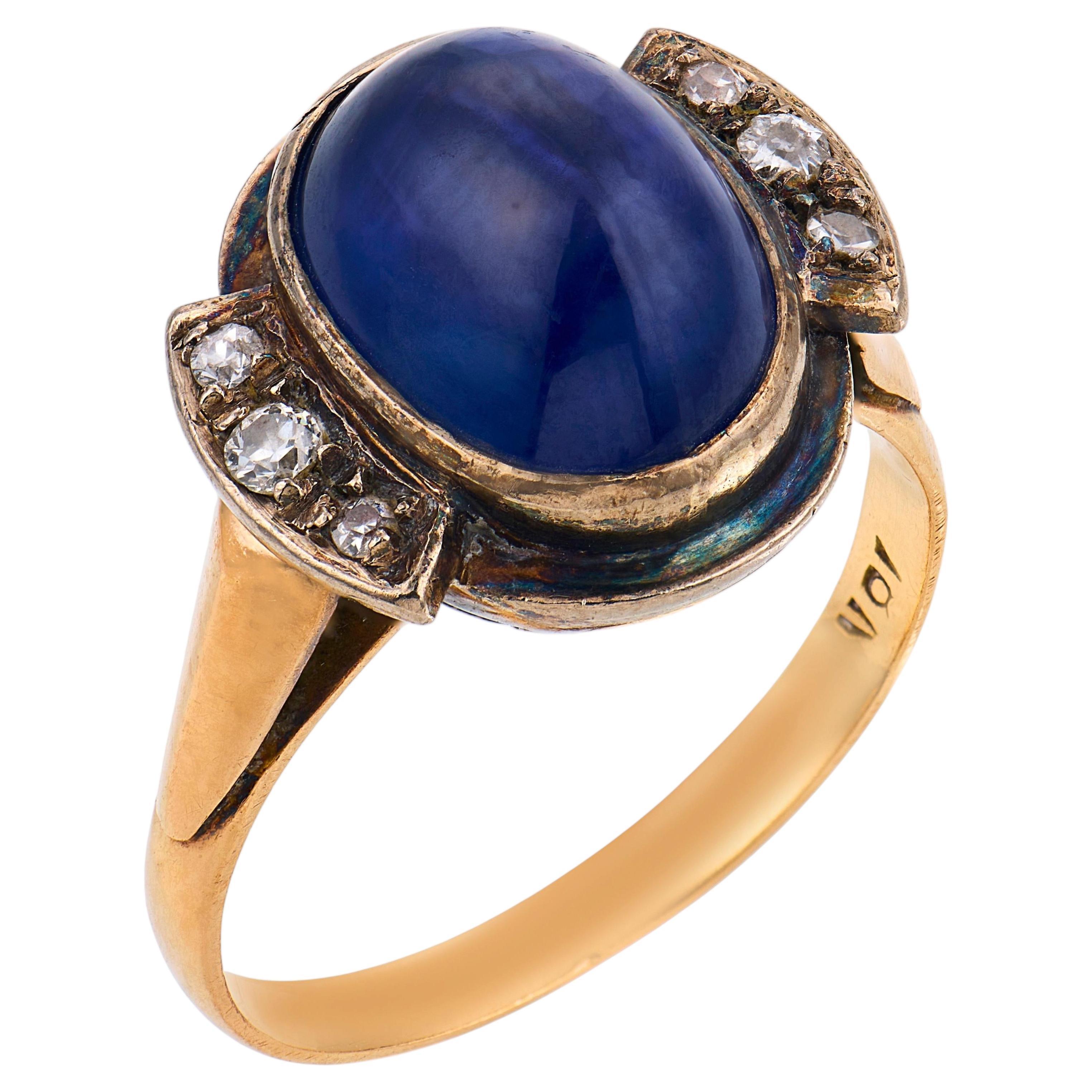 Victorian 7.00 carat cabochon cut sapphire diamond 18k yellow gold silver ring For Sale