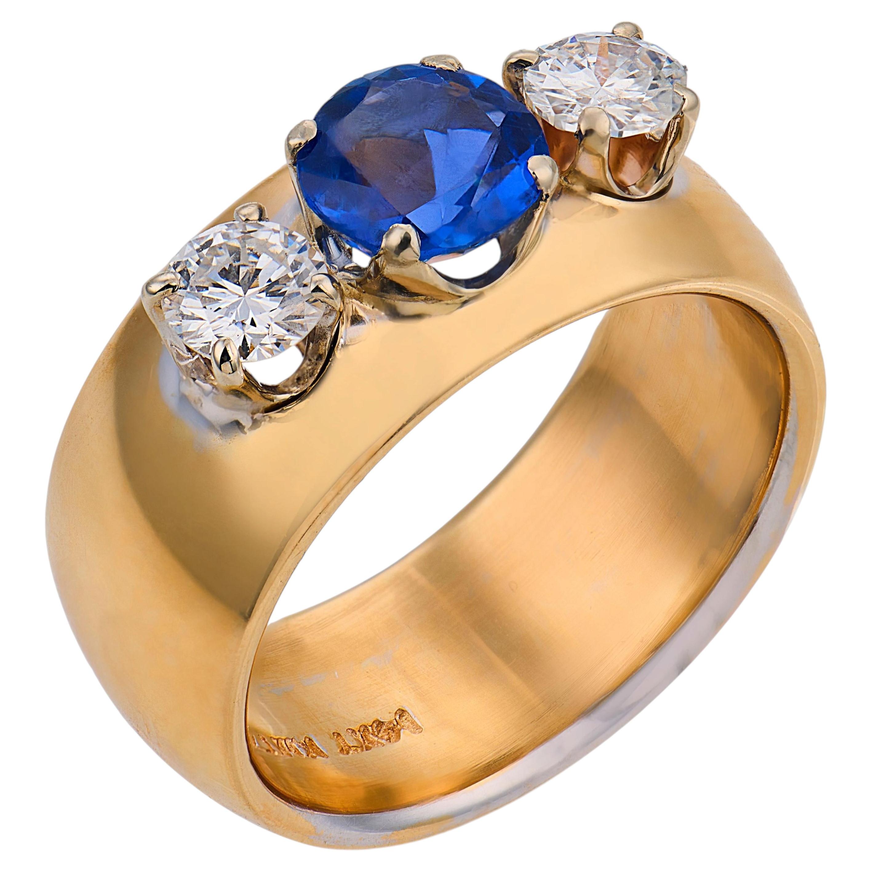Vintage 1970s 14k Yellow Gold Sapphire Diamond Ring, 0.85ct Sapphire For Sale