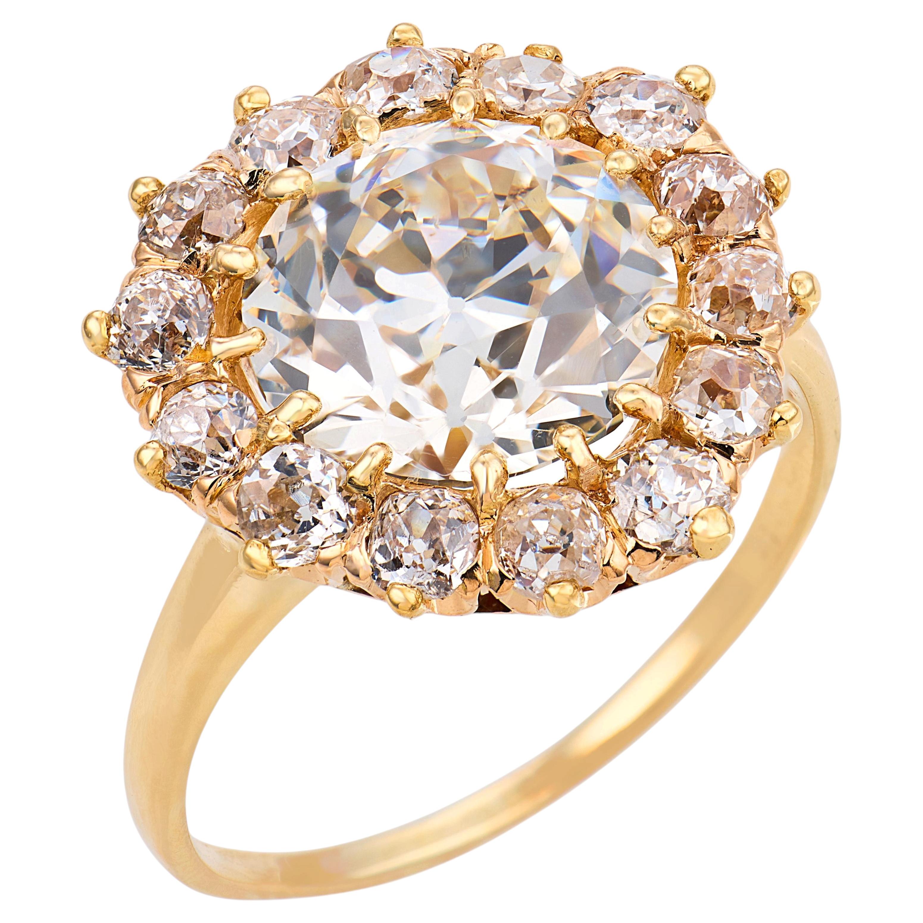 Victorian GIA 3.43 carat diamond 14k yellow gold cluster ring For Sale