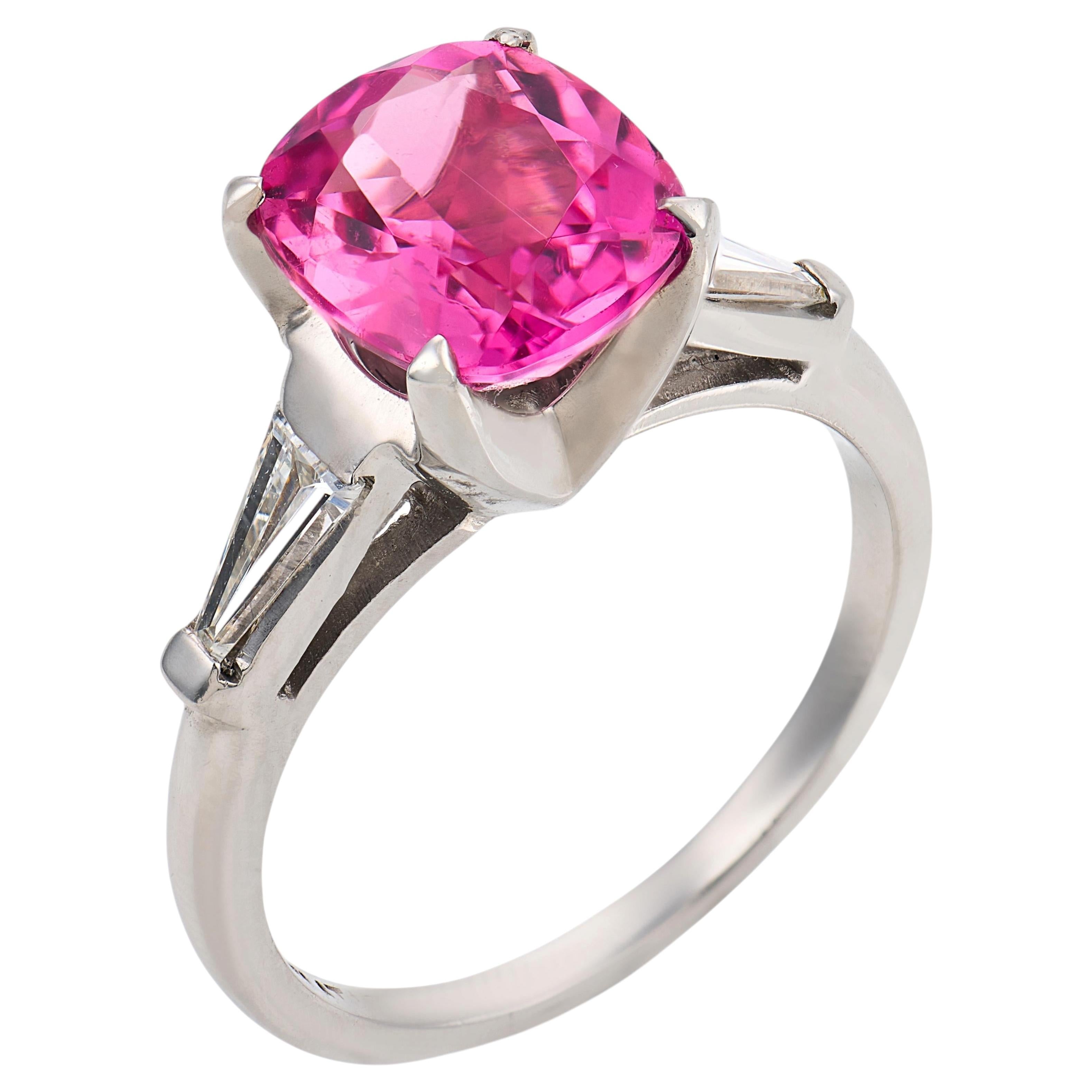 Mid Century 1.65 carat hot pink tourmaline diamond platinum ring