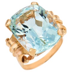 Bague cocktail rétro en or rose 14 carats sertie d'une aigue-marine de 13,00 carats