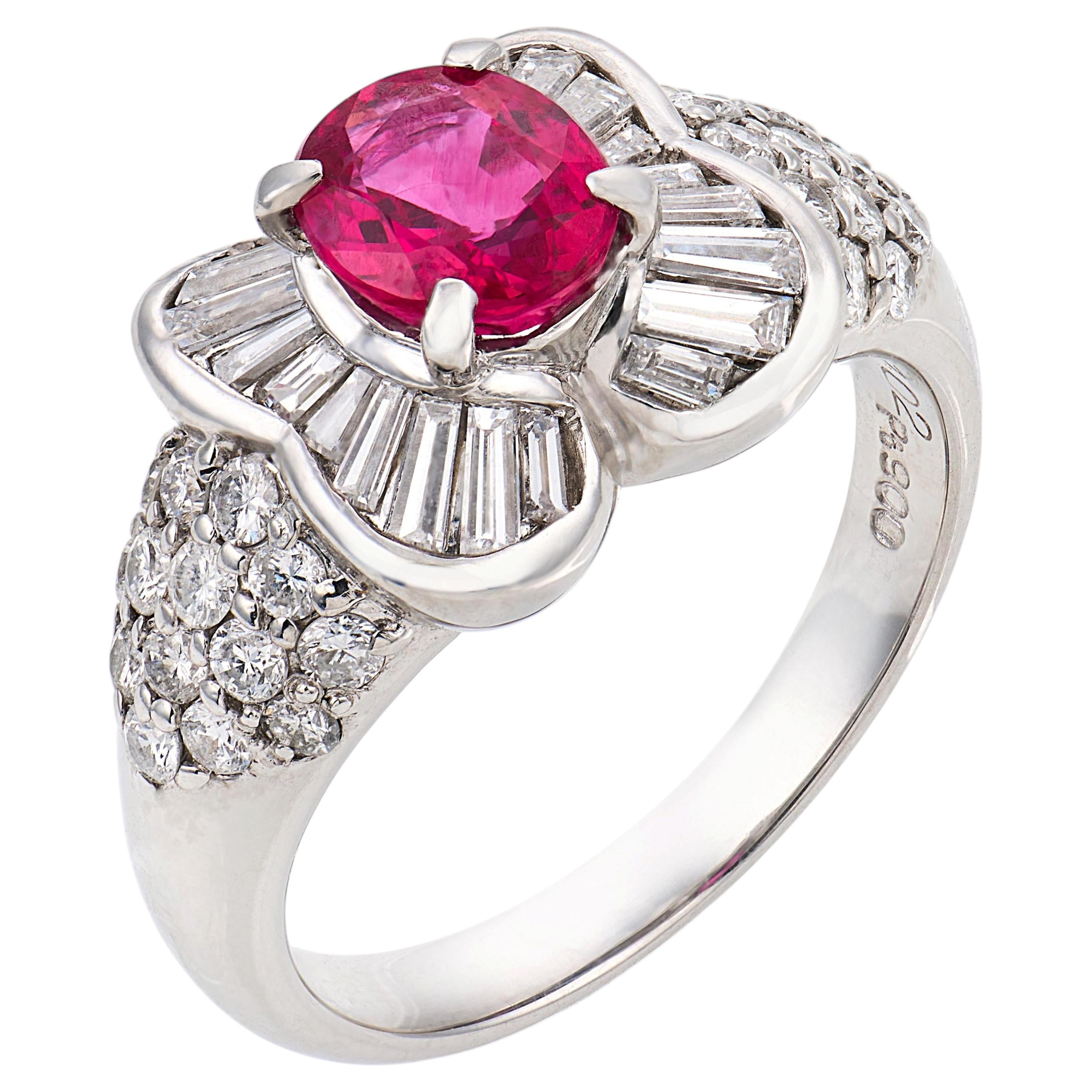 Vintage GIA 1.02 carat Burma ruby diamond platinum ring For Sale