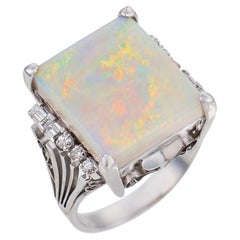 Anillo vintage de platino con ópalo australiano de 6,74 quilates y diamantes
