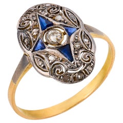 Bague « navette » de style édouardien en or jaune 18 carats et platine, sertie d'un diamant et d'un saphir synthétique