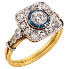 Art Deco style diamond sapphire 18k yellow gold platinum target ring