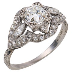 Bague de fiançailles Art déco en platine avec diamant taille ancienne de 0.93 carat, certifié GIA