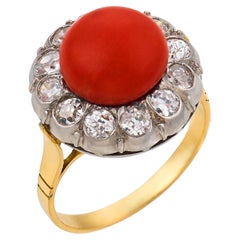 Edwardian coral diamond 18k yellow gold platinum cluster ring